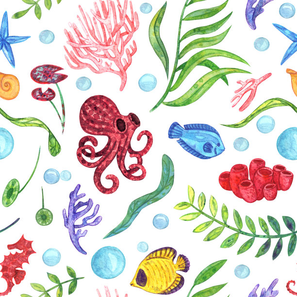 丰富多彩的水下生活无缝模式。由绿色和蓝色的海藻，树叶，粉红色，橙色，紫色的珊瑚，海马，气泡，黄色的鱼，章鱼制成图片下载