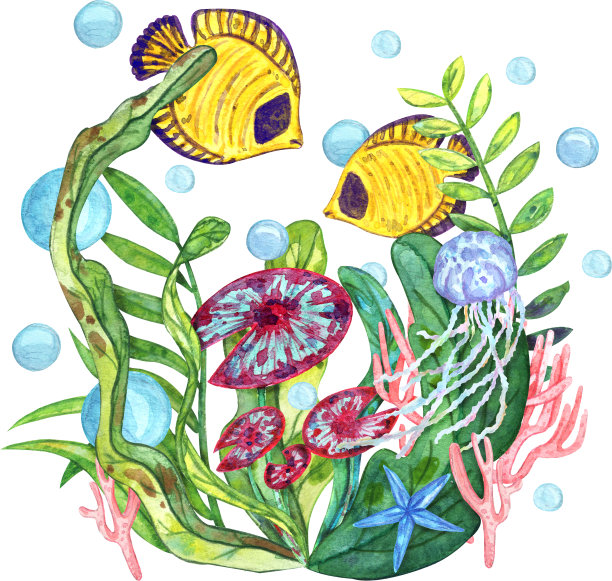 水彩画的水下生命与奇异的黄色和蓝色的鱼，绿色和红色的海藻，章鱼，彩色的珊瑚，蓝色的星星，海马和气泡图片下载