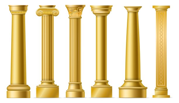 金色的列。古典古色古香的金柱、罗马历史石柱、古希腊历史建筑立面、大理石柱廊矢量孤立元素集合图片下载