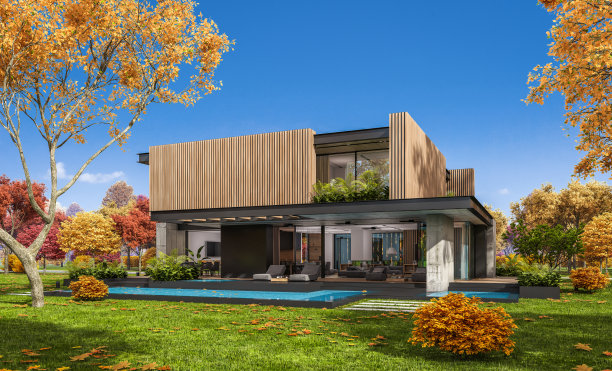 3d渲染现代舒适的房子与停车场和游泳池出售或出租与木板立面和美丽的景观背景。秋高气爽，到处都是金叶。图片下载