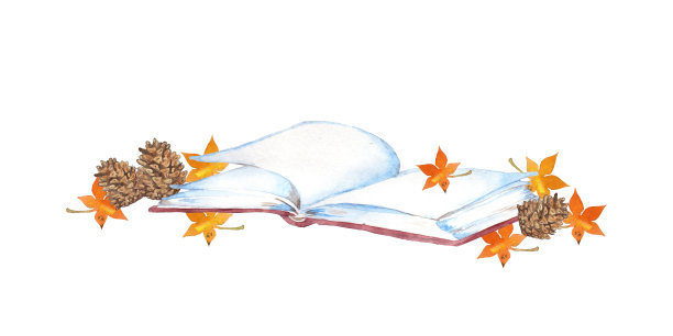 一本书和秋叶的水彩插图图片下载