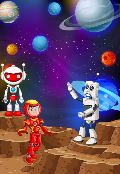 两个机器人和穿着红色机器人服的人在太空中图片下载