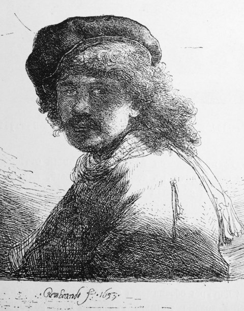 伦勃朗脖子上围着一条围巾，这是伦勃朗的自画像，出自1890年圣彼得堡纳克弗斯的旧书《伦勃朗》图片下载