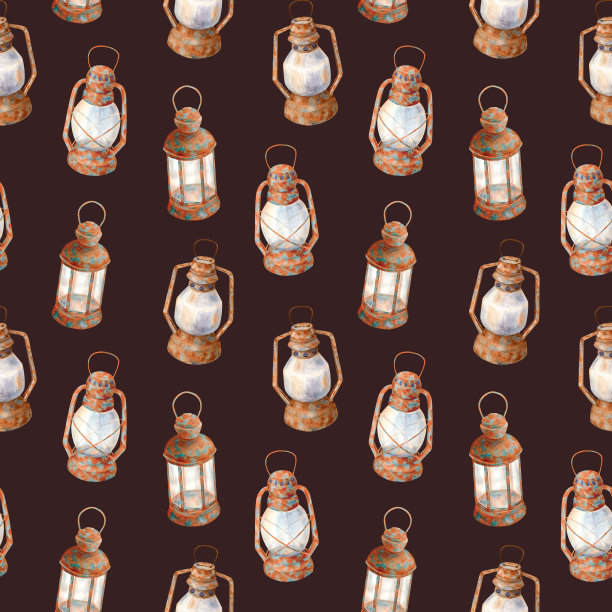 无缝图案配水彩煤油灯。手绘无尽纹理。旧灯。黑色背景上的复古元素用于卡片，纺织品，装饰，封面图片下载