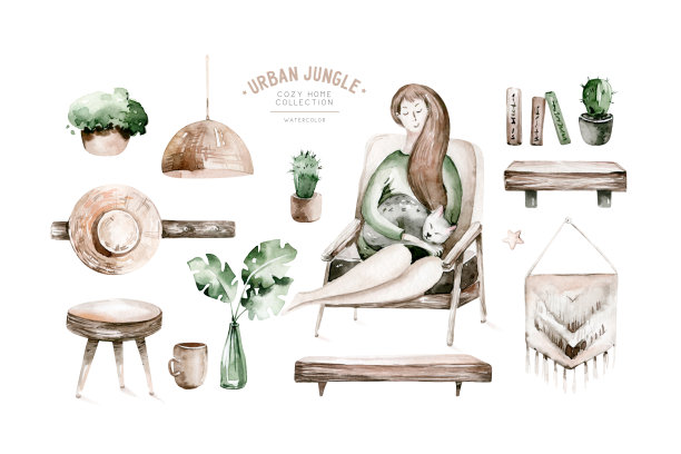 水彩新潮室内波西米亚背景与中世纪现代家具。室内巨大的装饰场景。舒适的客厅与室内植物，Urbun丛林水彩插图。乔迁庆宴。呆在家里图片下载