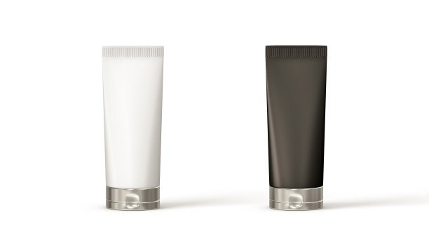 化妆品管孤立在白色背景上，霜包正面视图。豪华黑白设计，美容产品包装，凝胶，牙膏，乳液模型。塑料模拟瓶，润肤霜。图片下载