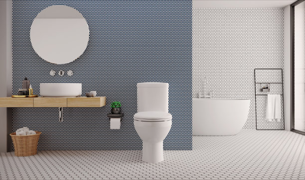 极简主义的厕所。现代风格的六角形瓷砖设计。白色的浴缸和脸盆。三维渲染图片下载