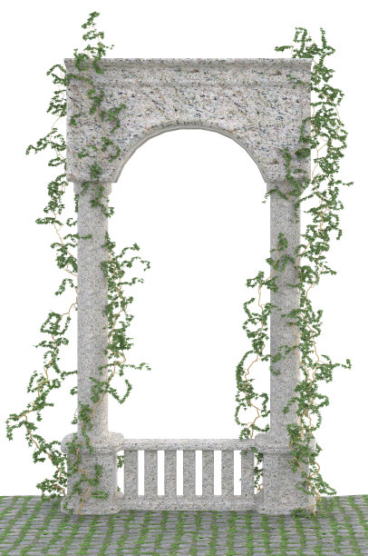 花岗岩拱门，栏杆与常春藤缠绕在白色背景的3d渲染图片下载