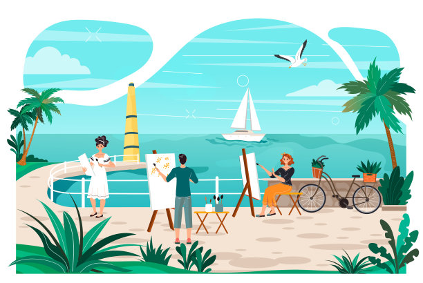在海边度假的艺术课上，艺术家与人同行图片下载