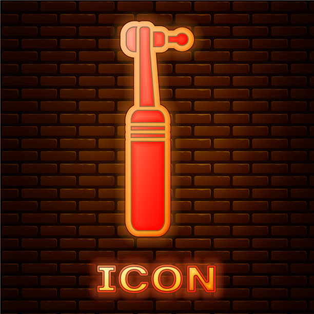 发光的霓虹灯牙钻图标孤立在砖块上图片下载