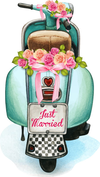 水彩婚礼摩托车与花卉装饰图片下载
