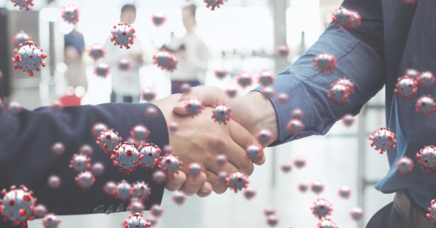 Covid-19细胞对抗两个人握手图片下载