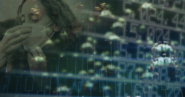 Covid-19细胞和股市数据处理对戴口罩的妇女打喷嚏图片下载