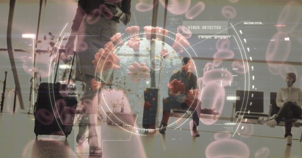 对携带行李箱在机场行走的女性进行Covid-19细胞范围扫描图片下载