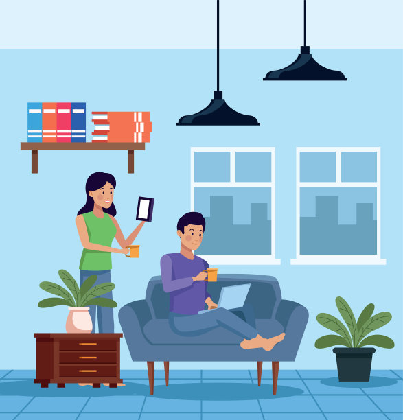 夫妇在四方形客厅场景图片下载