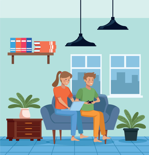 夫妇在四方形客厅场景图片下载