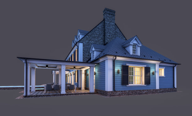 殖民风格的现代古典住宅的3d渲染，在夜晚孤立的黑色上图片下载