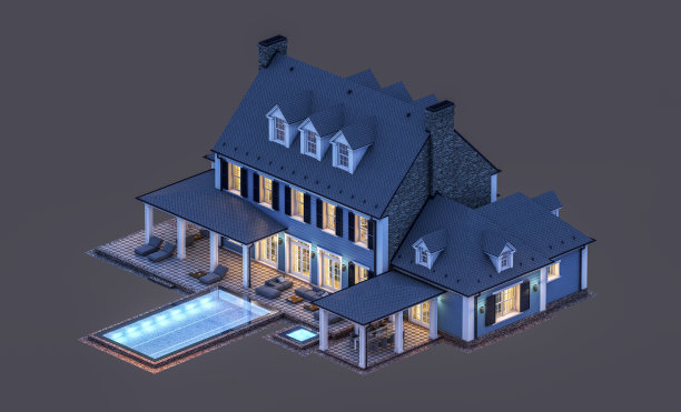 殖民风格的现代古典住宅的3d渲染，在夜晚孤立的黑色上图片下载