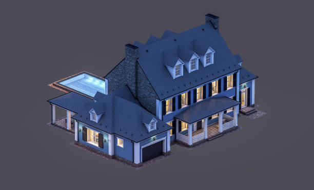 殖民风格的现代古典住宅的3d渲染，在夜晚孤立的黑色上图片下载