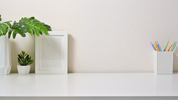 创意的工作空间与相框，彩色铅笔，仙人掌和花瓶在办公室的白色桌子上。前视图。图片下载