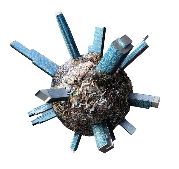 污染的概念。这个星球满是垃圾，摩天大楼孤立在白色背景下。图片下载