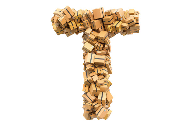 纸板箱里的字母T。3D渲染孤立的白色背景图片下载