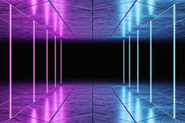 现代的空抽象的室内照明蓝粉色霓虹灯，80年代的复古风格，库存照片图片下载