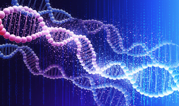 人类遗传学的概念。插图与闪亮的DNA分子在蓝色背景图片下载