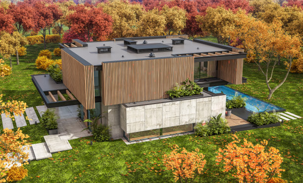 带停车场和游泳池的现代舒适房屋3D渲染，木板外墙和美丽的景观，晴朗的秋日图片下载