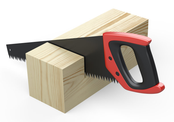 一把带塑料柄的新锯子可以锯木条。图片下载