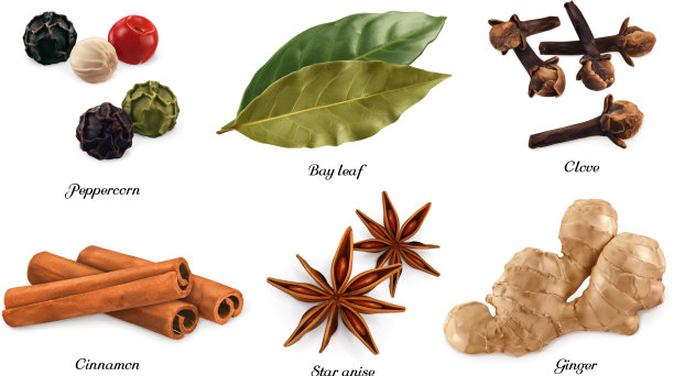 胡椒，月桂叶，干丁香，桂皮，肉桂图片下载