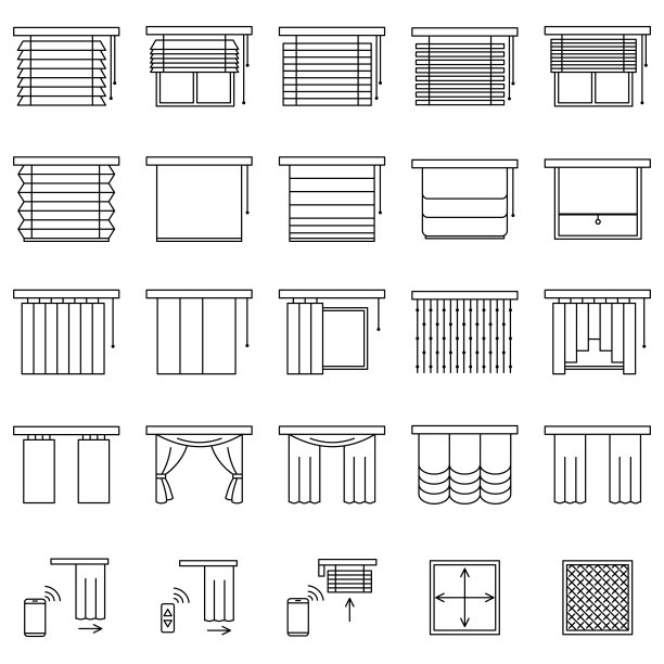 窗帘，百叶窗和jalouise线图标设置。收集不同类型的卷帘，遮阳窗，蚊帐和遥控器的轮廓风格图片下载