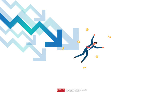 企业财务危机观念与商人性格。金钱以箭头下落减少符号。经济拉伸全球损失破产。成本下降、减少或收入损失图片下载