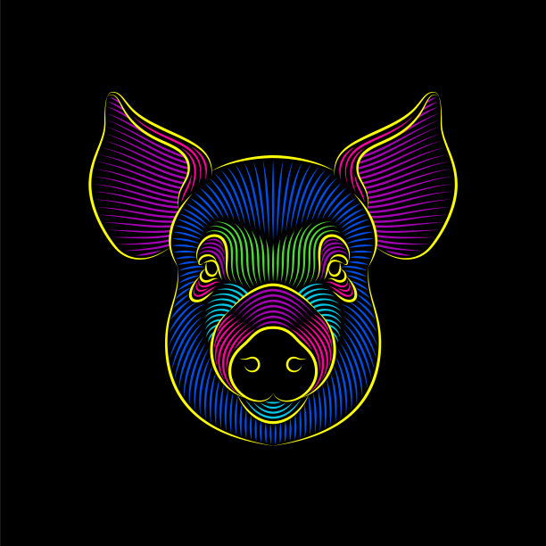 在黑色背景上雕刻程式化的迷幻猪肖像。图片下载