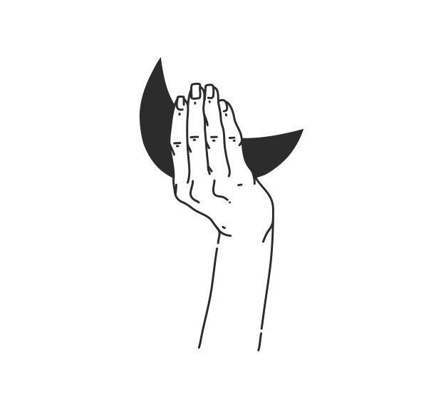 手绘矢量抽象股票平面图形插图与标志元素，女性时尚魔术线艺术手握月亮在简单的风格为品牌，孤立在白色背景图片下载