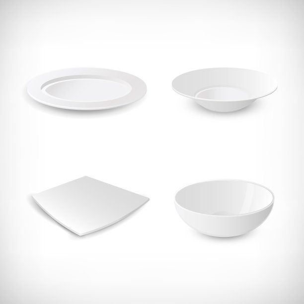 一组白色空盘子。侧视图汤盘，圆形和方形盘子，陶瓷碗。不同形式的板在小插画的背景。图片下载