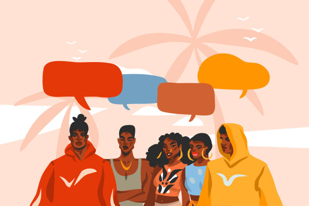 手绘矢量抽象股票平面图形插图与年轻的黑人美国美人组在时尚服装日落视图场景在海滩上孤立的粉红色柔和的背景图片下载