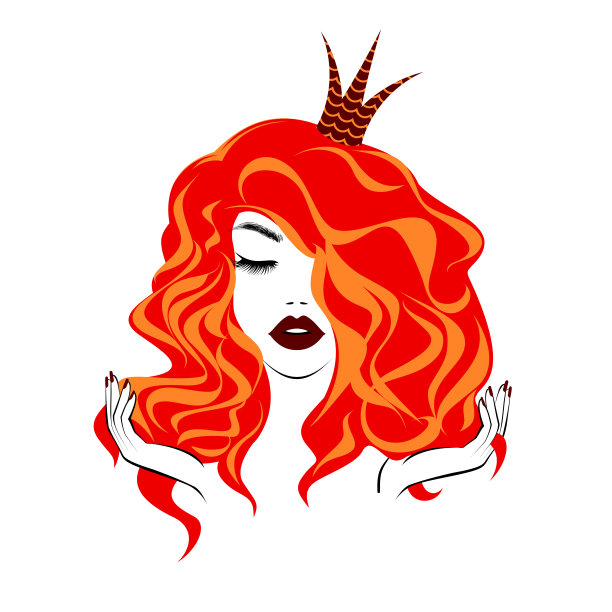漂亮女人的脸，红红的嘴唇，黑色的卷发，黑色的皇冠，手上涂着红色的指甲，发廊的标志，图标。美丽的标志。矢量图图片下载