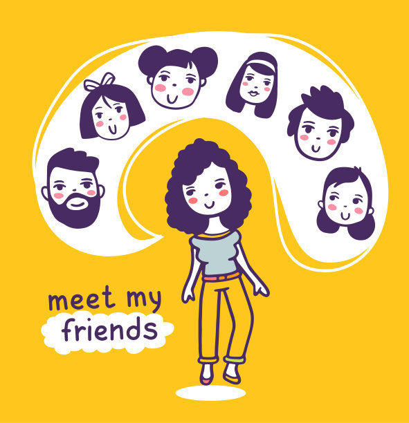 矢量插图的一个女人和语音气泡与一组人头与文字。图片下载