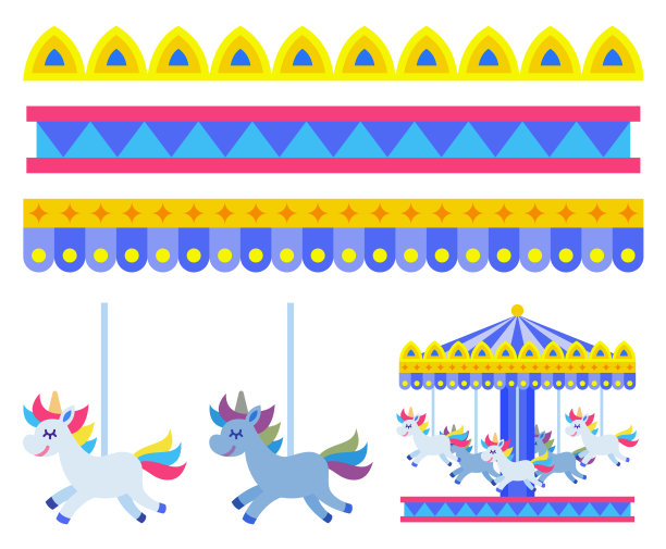 旋转木马与马的儿童在一个游乐园矢量插图在平面设计图片下载