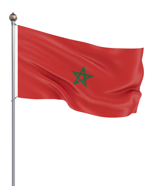 摩洛哥国旗在风中飘扬。背景纹理。3d渲染，挥舞旗帜。孤立在白色的。插图。图片下载