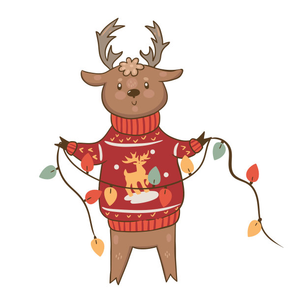 穿着毛衣，白色背景上戴着花环的鹿。矢量图形。图片下载