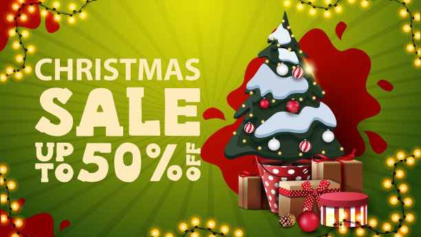 圣诞节销售，高达50%的折扣，绿色和红色的折扣横幅与花环和圣诞树在一个锅与礼物图片下载