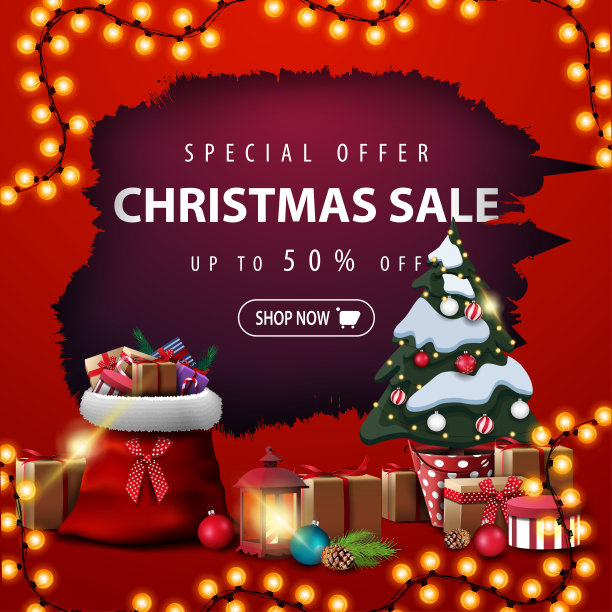 特别优惠，圣诞特卖，高达五折，红色和紫色折扣横幅与衣衫褴褛的洞，花环，在一个锅里的圣诞树，古董灯和圣诞老人袋的礼物图片下载