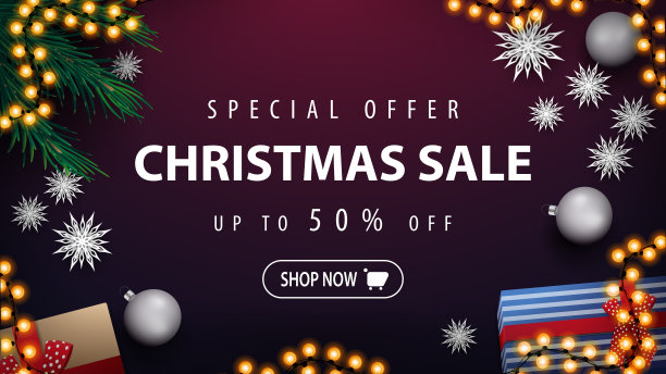 特别优惠，圣诞特惠，最高5折，紫色折扣横幅，花环，圣诞树树枝，银球，礼物和纸雪花，俯视图图片下载