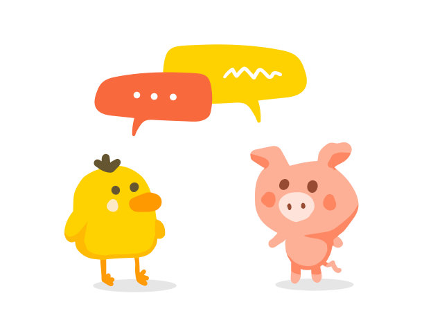 矢量彩色插图可爱的卡通小鸡和猪与语音气泡交谈彼此在白色背景。图片下载