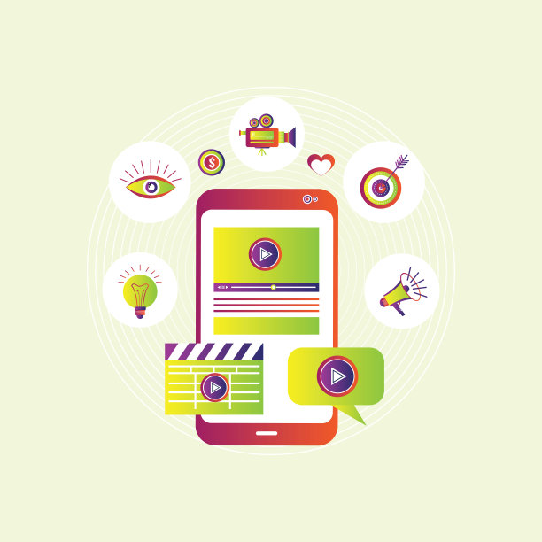 视频在移动屏幕上，视频分享和营销矢量概念与图标图片下载