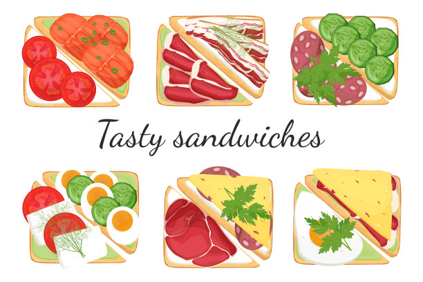 不同馅料的三明治，精美的吐司，俯视图，美味的三明治。在白色背景上孤立的物体。矢量图图片下载