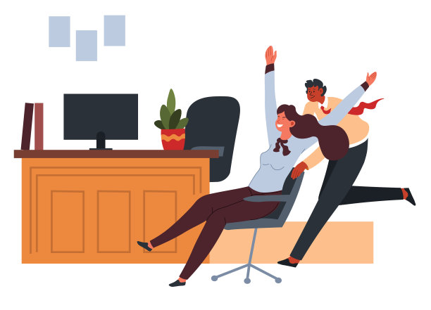 办公室职员与坐着的同事一起推着椅子图片下载