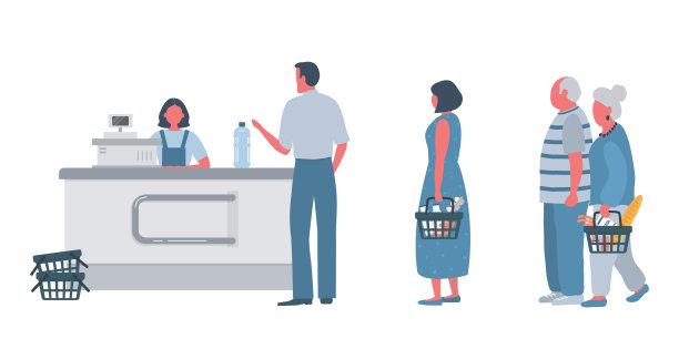 超市里的买家。收银机后面有一个超市收银员图片下载
